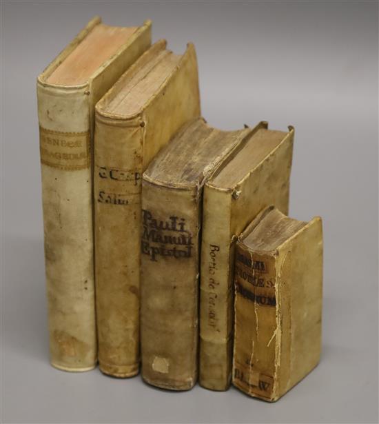 Ex-Libris Ratcliffe College - five small vellum-covered volumes in Latin, 16th and 17th century,